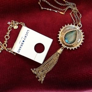 🆕 NWT Lucky Brand Necklace Tassel blue gold
